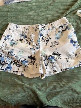 LOFT White Floral Print Cotton Shorts with Blue Accents